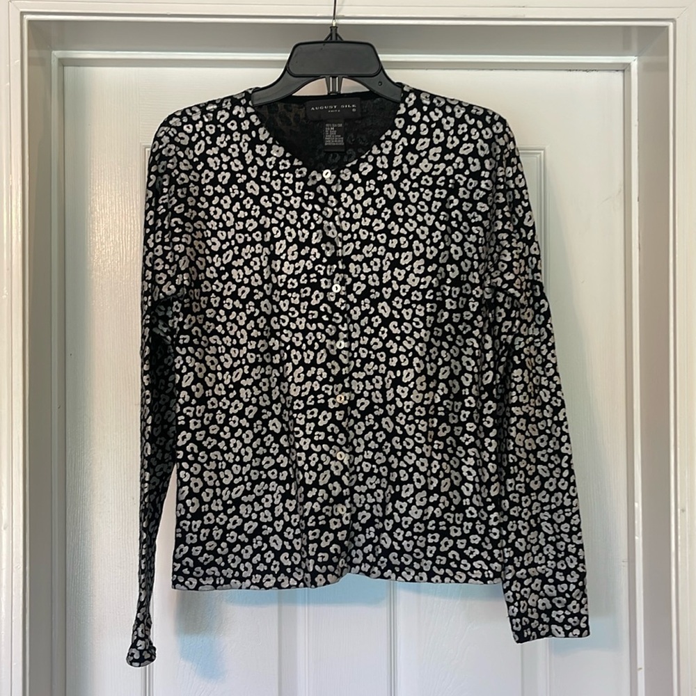 August Silk - 100% silk black knit with silver painted on design - size M